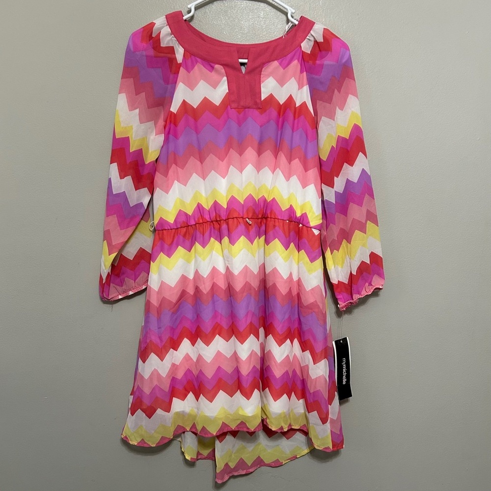 MyMichelle Chevron High-Low Dress Girl 14 Pink Multicolor NWT Long Sleeve ZigZag